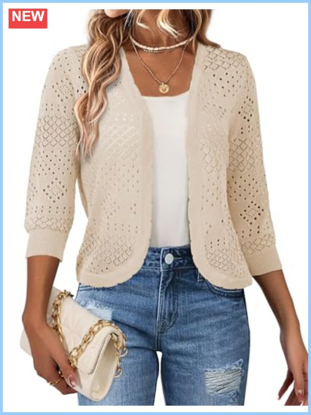 Cropped 3/4 Sleeve Hollowed Shrug Cardigan Women Lightweight Knit